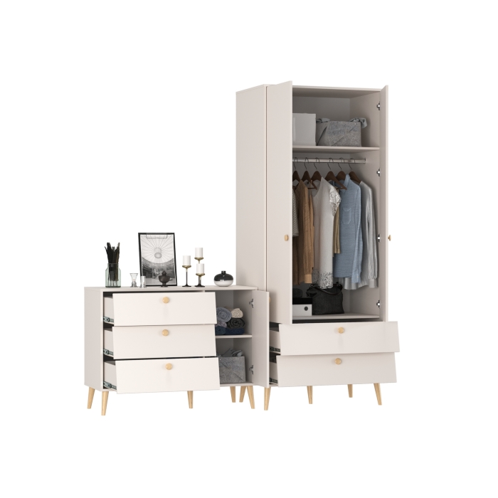 Афина Спальня Шкаф 2-х дверный + Комод с дверкой и тремя ящиками, цвет кашемир серый, ШхГхВ 90,3х56,3х220 + 110х45,3х83 см., универсальная сборка