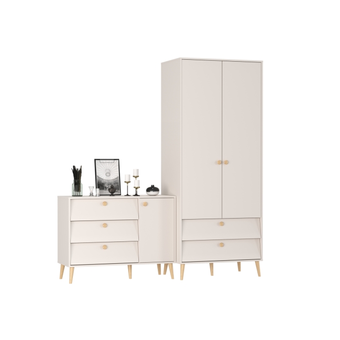 Афина Спальня Шкаф 2-х дверный + Комод с дверкой и тремя ящиками, цвет кашемир серый, ШхГхВ 90,3х56,3х220 + 110х45,3х83 см., универсальная сборка