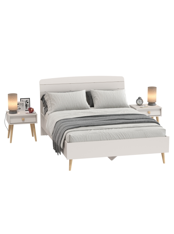 Афина Спальня Кровать 1400 + Две тумбы, цвет кашемир серый, ШхГхВ 144,6х210,2х95,7 + 2х45х37х45 см., сп.м. 1400х2000 мм., б/м, основание есть