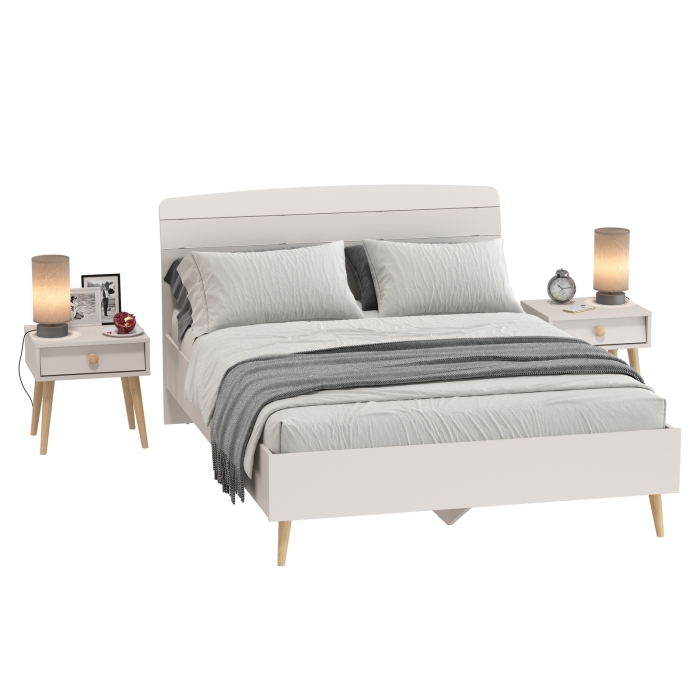 Афина Спальня Кровать 1400 + Две тумбы, цвет кашемир серый, ШхГхВ 144,6х210,2х95,7 + 2х45х37х45 см., сп.м. 1400х2000 мм., б/м, основание есть