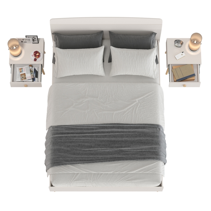 Афина Спальня Кровать 1400 + Две тумбы, цвет кашемир серый, ШхГхВ 144,6х210,2х95,7 + 2х45х37х45 см., сп.м. 1400х2000 мм., б/м, основание есть