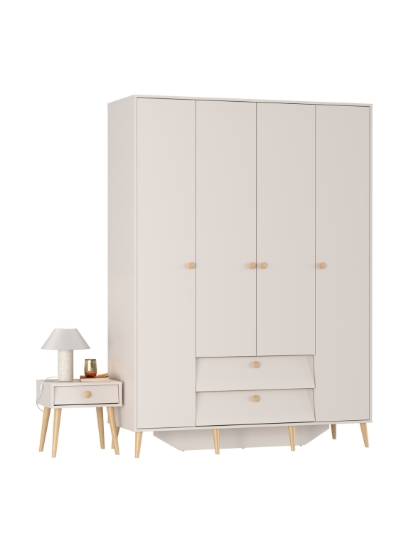 Афина Спальня Шкаф 4-х дверный + Тумба прикроватная, цвет кашемир серый, ШхГхВ 160х56,3х220 + 45х37х45 см., универсальная сборка