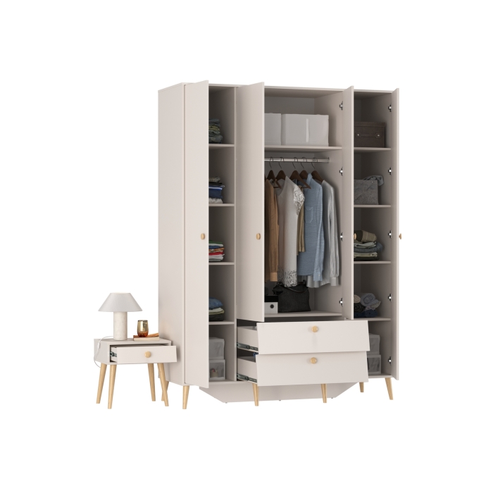 Афина Спальня Шкаф 4-х дверный + Тумба прикроватная, цвет кашемир серый, ШхГхВ 160х56,3х220 + 45х37х45 см., универсальная сборка