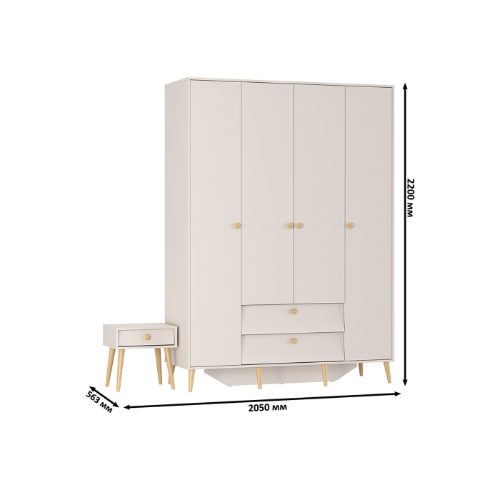 Афина Спальня Шкаф 4-х дверный + Тумба прикроватная, цвет кашемир серый, ШхГхВ 160х56,3х220 + 45х37х45 см., универсальная сборка