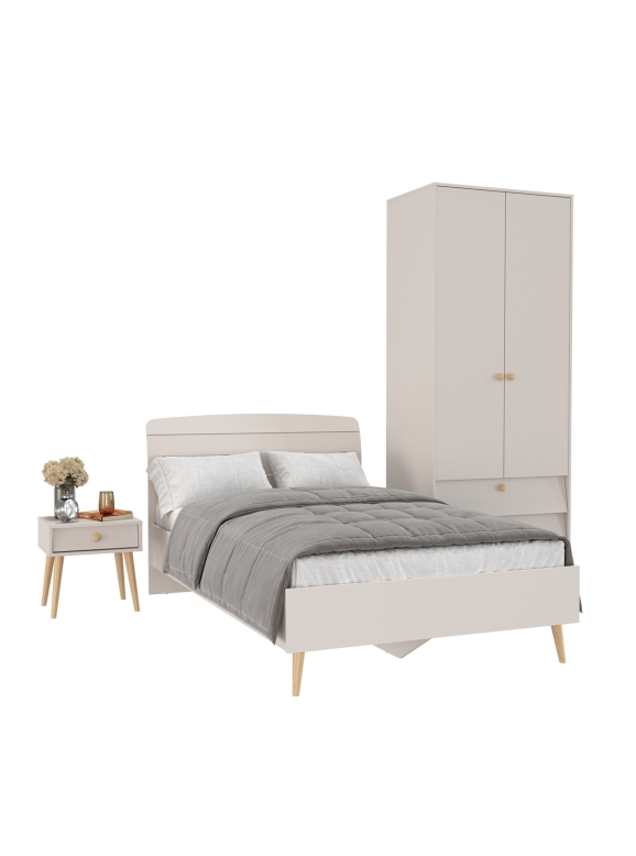 Афина Спальня Кровать 1200 + Шкаф 2-х дверный + Тумба, цвет кашемир серый, 123,6х210,2х95,7 + 90,3х56,3х220 + 45х37х45 см., 1200х2000, б/м, осн. есть