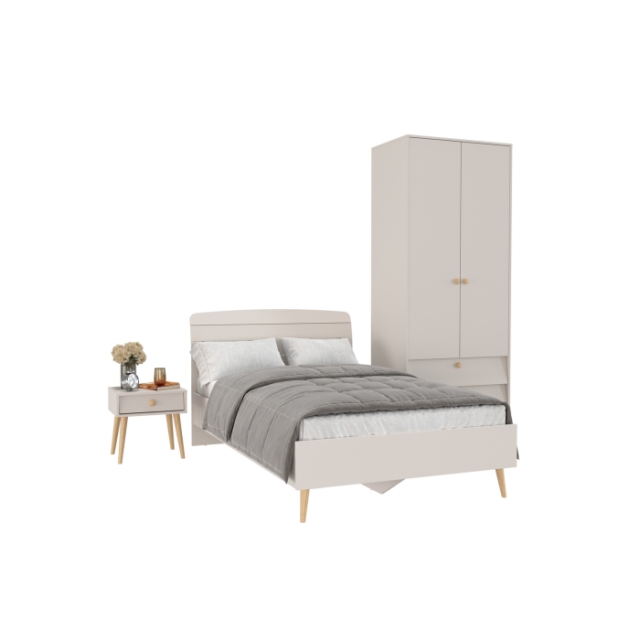 Афина Спальня Кровать 1200 + Шкаф 2-х дверный + Тумба, цвет кашемир серый, 123,6х210,2х95,7 + 90,3х56,3х220 + 45х37х45 см., 1200х2000, б/м, осн. есть