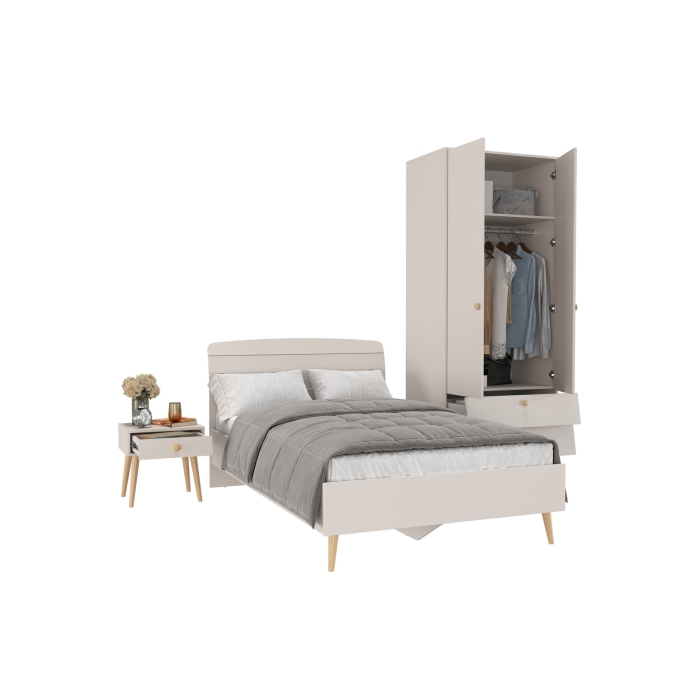 Афина Спальня Кровать 1200 + Шкаф 2-х дверный + Тумба, цвет кашемир серый, 123,6х210,2х95,7 + 90,3х56,3х220 + 45х37х45 см., 1200х2000, б/м, осн. есть