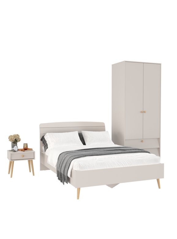Афина Спальня Кровать 1400 + Шкаф 2-х дверный + Тумба, цвет кашемир серый, 144,6х210,2х95,7 + 90,3х56,3х220 + 45х37х45 см., 1400х2000, б/м, осн. есть