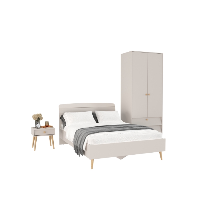 Афина Спальня Кровать 1400 + Шкаф 2-х дверный + Тумба, цвет кашемир серый, 144,6х210,2х95,7 + 90,3х56,3х220 + 45х37х45 см., 1400х2000, б/м, осн. есть