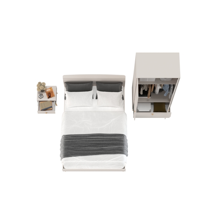 Афина Спальня Кровать 1400 + Шкаф 2-х дверный + Тумба, цвет кашемир серый, 144,6х210,2х95,7 + 90,3х56,3х220 + 45х37х45 см., 1400х2000, б/м, осн. есть