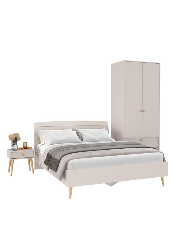 Афина Спальня Кровать 1600 + Шкаф 2-х дверный + Тумба, цвет кашемир серый, 164,6х210,2х95,6 + 90,3х56,3х220 + 45х37х45 см., 1600х2000, б/м, осн. есть