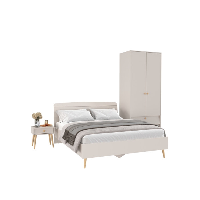 Афина Спальня Кровать 1600 + Шкаф 2-х дверный + Тумба, цвет кашемир серый, 164,6х210,2х95,6 + 90,3х56,3х220 + 45х37х45 см., 1600х2000, б/м, осн. есть