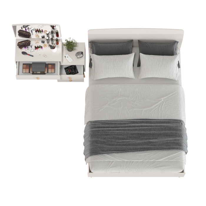 Афина Спальня Кровать 1400 + Трюмо, цвет кашемир серый, ШхГхВ 144,6х210,2х95,7 + 105х38,6х129 см., сп.м. 1400х2000 мм., б/м, основание есть