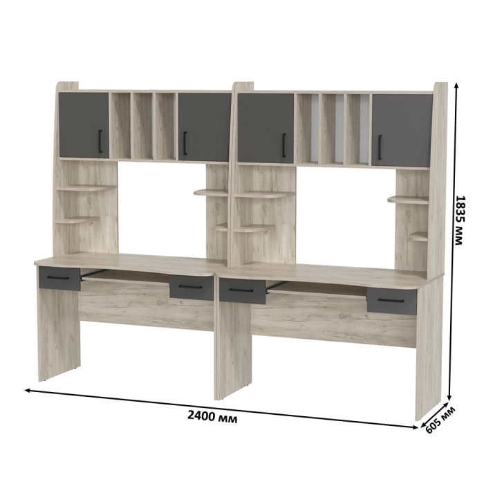Два стола рабочих 6-0604дкс/граф Бета, цвет дуб крафт серый/графит, ШхГхВ 240х60,5х183,5 см.