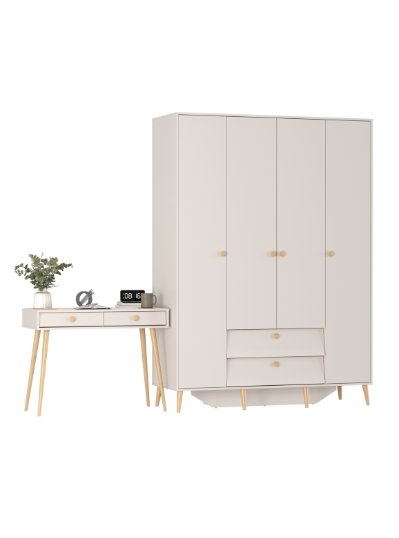 Афина Спальня Шкаф 4-х дверный + Стол, цвет кашемир серый, ШхГхВ 160х56,3х220 + 100х45х76 см., универсальная сборка