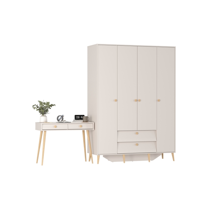 Афина Спальня Шкаф 4-х дверный + Стол, цвет кашемир серый, ШхГхВ 160х56,3х220 + 100х45х76 см., универсальная сборка