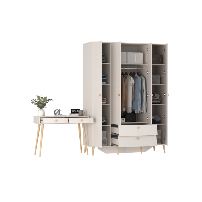 Афина Спальня Шкаф 4-х дверный + Стол, цвет кашемир серый, ШхГхВ 160х56,3х220 + 100х45х76 см., универсальная сборка