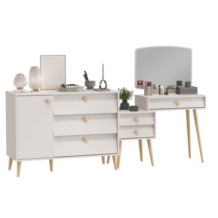 Афина Спальня Трюмо + Комод с дверкой и тремя ящиками, цвет кашемир серый, ШхГхВ 105х38,6х129 + 110х45,3х83 см., универсальная сборка