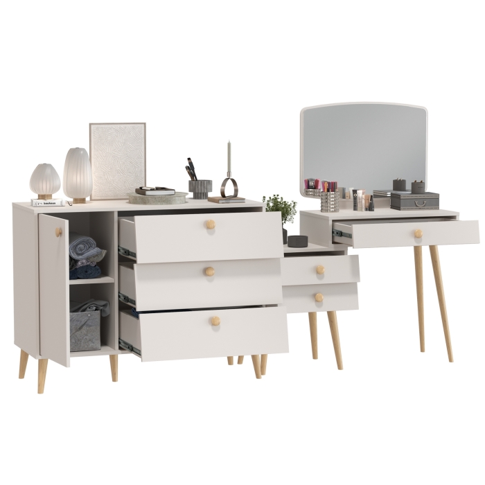 Афина Спальня Трюмо + Комод с дверкой и тремя ящиками, цвет кашемир серый, ШхГхВ 105х38,6х129 + 110х45,3х83 см., универсальная сборка