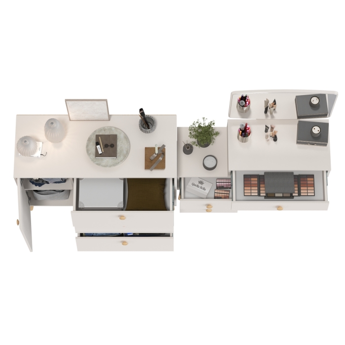 Афина Спальня Трюмо + Комод с дверкой и тремя ящиками, цвет кашемир серый, ШхГхВ 105х38,6х129 + 110х45,3х83 см., универсальная сборка