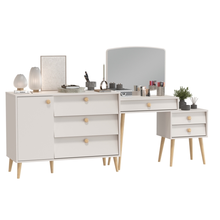 Афина Спальня Трюмо + Комод с дверкой и тремя ящиками, цвет кашемир серый, ШхГхВ 105х38,6х129 + 110х45,3х83 см., универсальная сборка