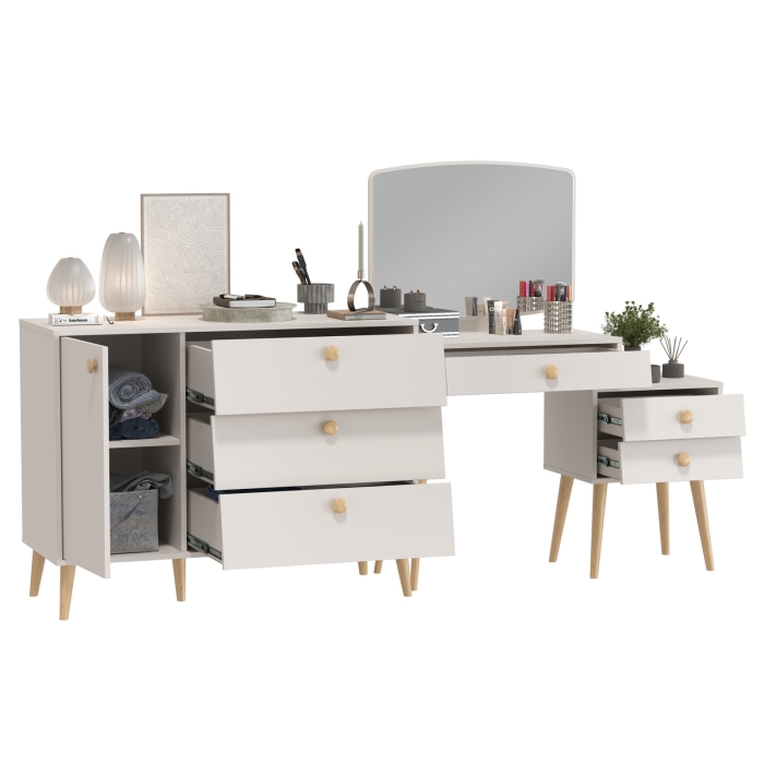 Афина Спальня Трюмо + Комод с дверкой и тремя ящиками, цвет кашемир серый, ШхГхВ 105х38,6х129 + 110х45,3х83 см., универсальная сборка