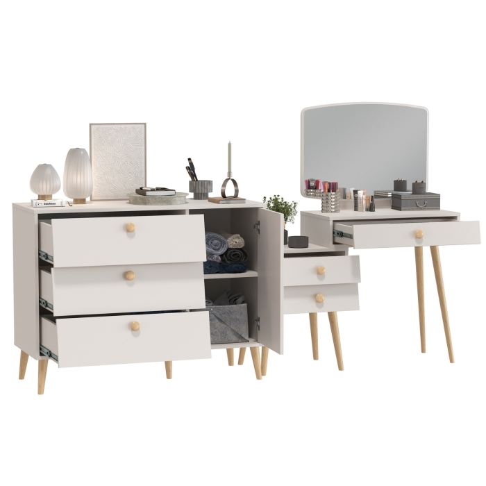 Афина Спальня Трюмо + Комод с дверкой и тремя ящиками, цвет кашемир серый, ШхГхВ 105х38,6х129 + 110х45,3х83 см., универсальная сборка