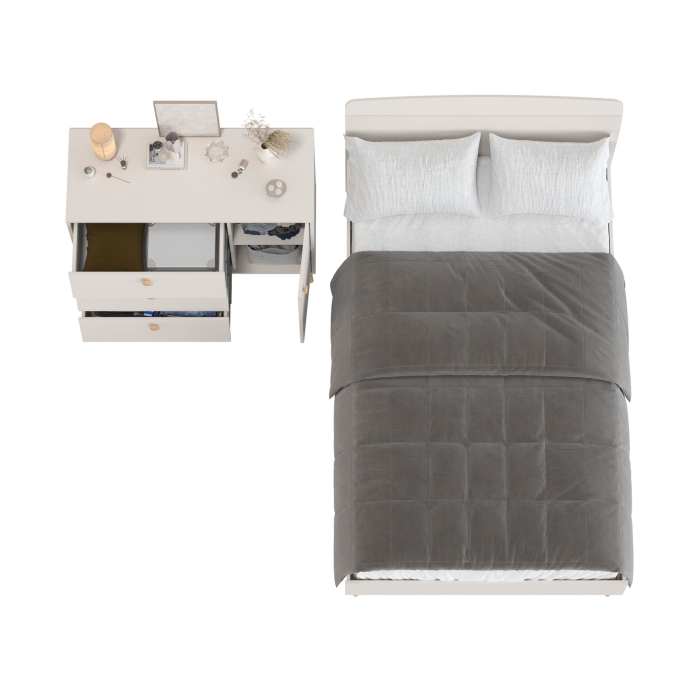 Афина Спальня Кровать 1200 + Комод, цвет кашемир серый, ШхГхВ 123,6х210,2х95,7 + 110х45,3х83 см., сп.м. 1200х2000 мм., б/м, основание есть