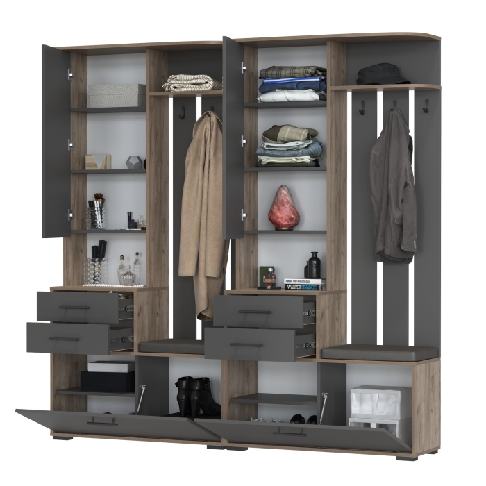 Два шкафа с вешалкой Домино 2-3431дкт/граф, цвет дуб крафт табачный/графит, ШхГхВ 200х36х202 см., универсальная сборка