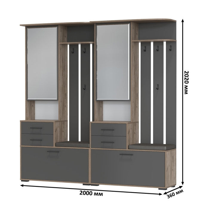 Два шкафа с вешалкой Домино 2-3431дкт/граф, цвет дуб крафт табачный/графит, ШхГхВ 200х36х202 см., универсальная сборка