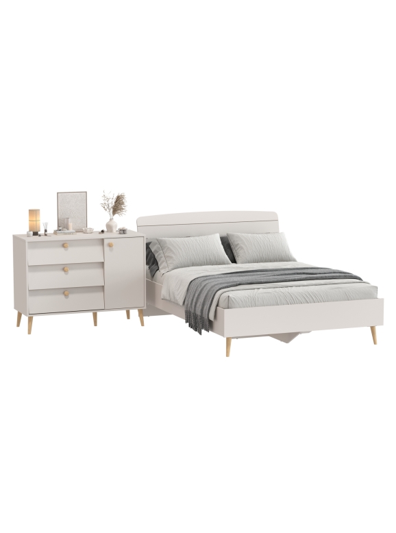 Афина Спальня Кровать 1400 + Комод, цвет кашемир серый, ШхГхВ 144,6х210,2х95,7 + 110х45,3х83 см., сп.м. 1400х2000 мм., б/м, основание есть