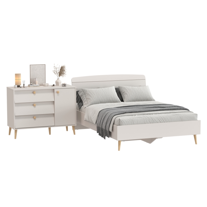 Афина Спальня Кровать 1400 + Комод, цвет кашемир серый, ШхГхВ 144,6х210,2х95,7 + 110х45,3х83 см., сп.м. 1400х2000 мм., б/м, основание есть