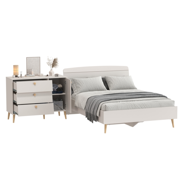 Афина Спальня Кровать 1400 + Комод, цвет кашемир серый, ШхГхВ 144,6х210,2х95,7 + 110х45,3х83 см., сп.м. 1400х2000 мм., б/м, основание есть