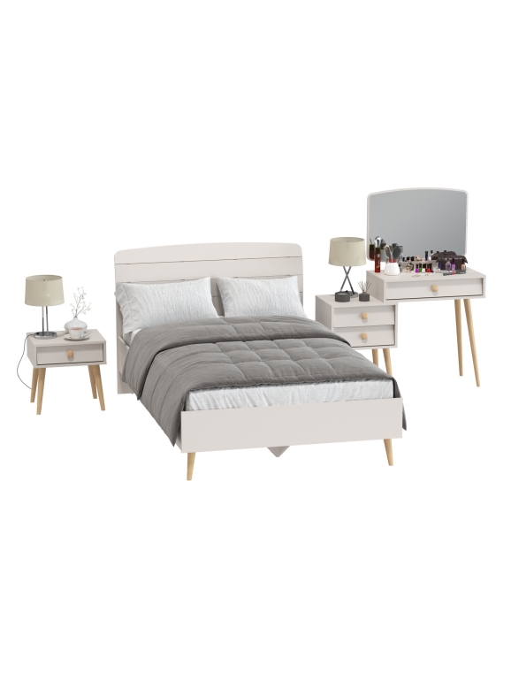 Афина Спальня Кровать 1200 + Трюмо + Тумба, цвет кашемир серый, ШхГхВ 123,6х210,2х95,7 + 105х38,6х129 + 45х37х45 см., 1200х2000 мм., б/м, осн. есть