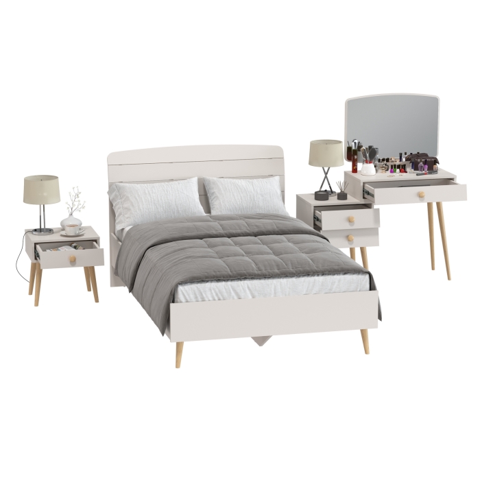 Афина Спальня Кровать 1200 + Трюмо + Тумба, цвет кашемир серый, ШхГхВ 123,6х210,2х95,7 + 105х38,6х129 + 45х37х45 см., 1200х2000 мм., б/м, осн. есть