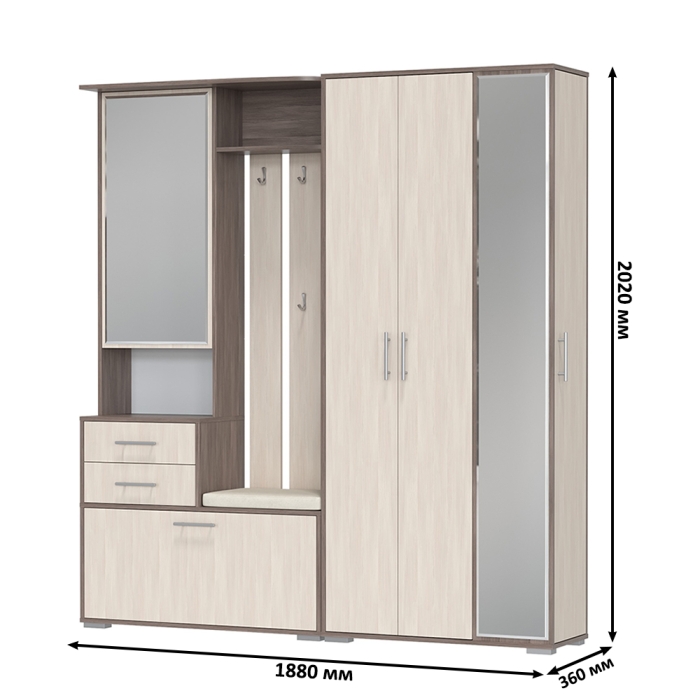 Прихожая Домино 5, цвет бодега тёмный/бодега светлый, ШхГхВ 188х36х202 см., универсальная сборка