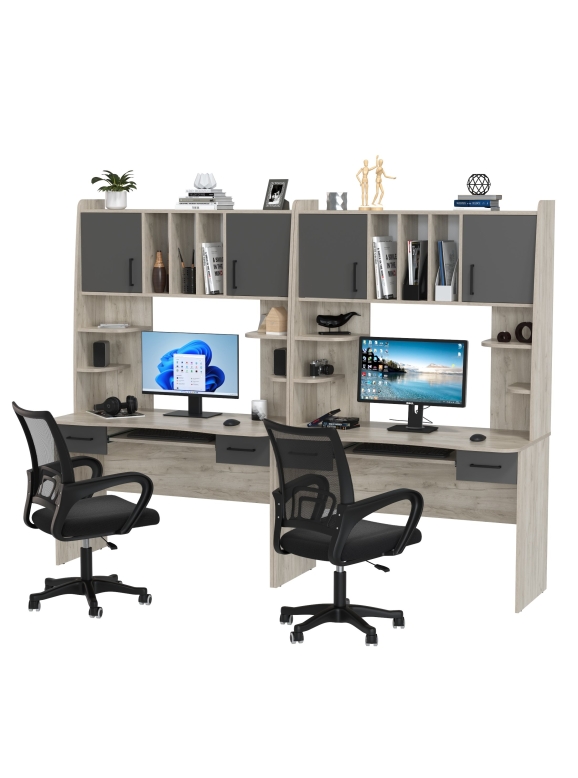 Два стола рабочих 6-0604 Бета + два кресла 103 чёрных, цвет дуб крафт серый/графит, ШхГхВ 240х60,5х183,5 см.