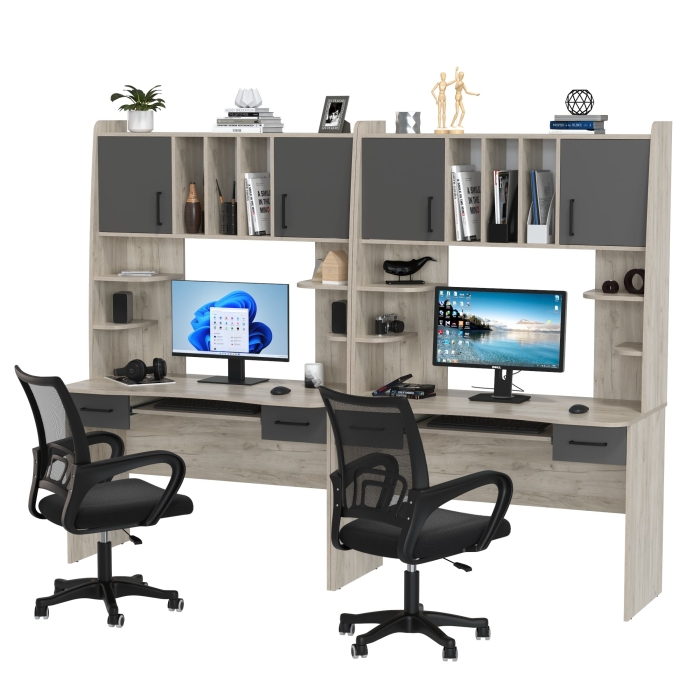 Два стола рабочих 6-0604 Бета + два кресла 103 чёрных, цвет дуб крафт серый/графит, ШхГхВ 240х60,5х183,5 см.