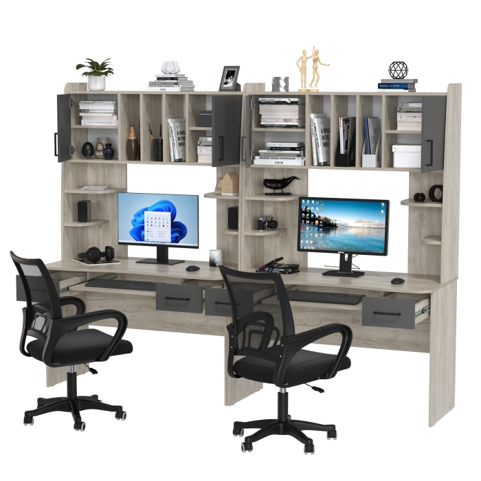 Два стола рабочих 6-0604 Бета + два кресла 103 чёрных, цвет дуб крафт серый/графит, ШхГхВ 240х60,5х183,5 см.