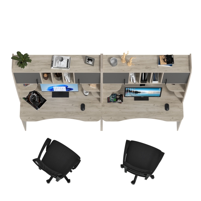 Два стола рабочих 6-0604 Бета + два кресла 103 чёрных, цвет дуб крафт серый/графит, ШхГхВ 240х60,5х183,5 см.