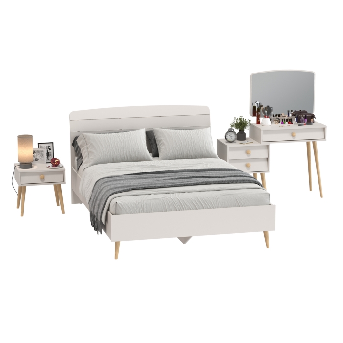 Афина Спальня Кровать 1400 + Трюмо + Тумба, цвет кашемир серый, ШхГхВ 144,6х210,2х95,7 + 105х38,6х129 + 45х37х45 см., 1400х2000 мм., б/м, осн. есть