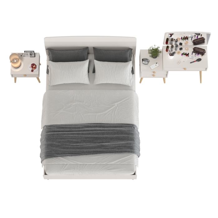 Афина Спальня Кровать 1400 + Трюмо + Тумба, цвет кашемир серый, ШхГхВ 144,6х210,2х95,7 + 105х38,6х129 + 45х37х45 см., 1400х2000 мм., б/м, осн. есть