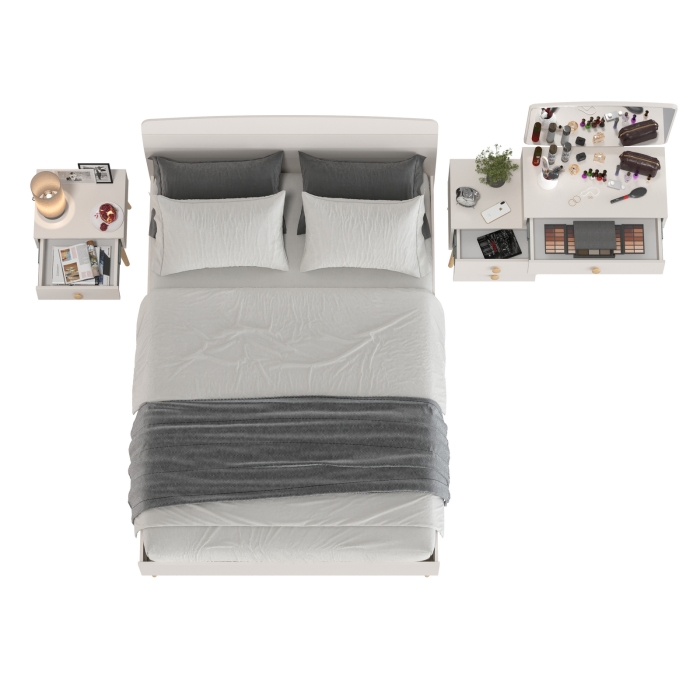 Афина Спальня Кровать 1400 + Трюмо + Тумба, цвет кашемир серый, ШхГхВ 144,6х210,2х95,7 + 105х38,6х129 + 45х37х45 см., 1400х2000 мм., б/м, осн. есть