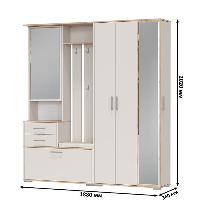 Прихожая Домино 5, цвет дуб крафт золотой/кашемир серый, ШхГхВ 188х36х202 см., универсальная сборка