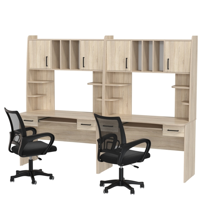 Два стола рабочих 6-0604 Бета + два кресла 103 чёрных, цвет дуб сонома, ШхГхВ 240х60,5х183,5 см.