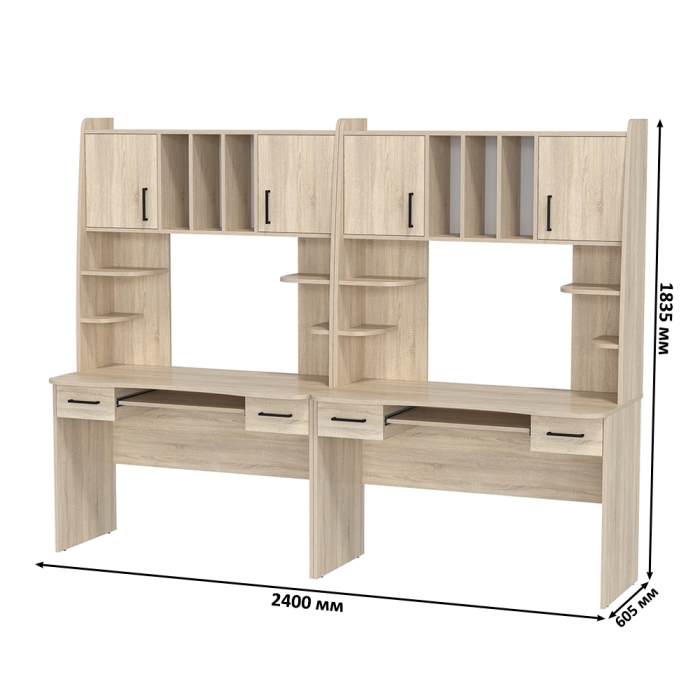 Два стола рабочих 6-0604 Бета + два кресла 103 чёрных, цвет дуб сонома, ШхГхВ 240х60,5х183,5 см.
