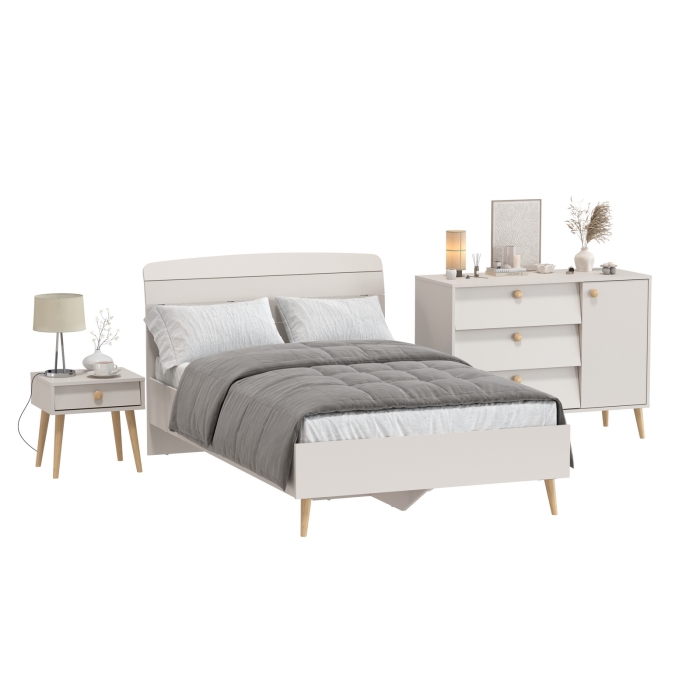 Афина Спальня Кровать 1200 + Комод + Тумба, цвет кашемир серый, ШхГхВ 123,6х210,2х95,7 + 110х45,3х83 + 45х37х45 см., 1200х2000 мм., б/м, осн. есть