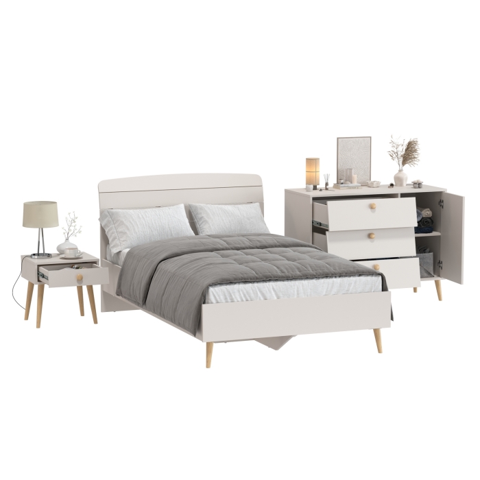 Афина Спальня Кровать 1200 + Комод + Тумба, цвет кашемир серый, ШхГхВ 123,6х210,2х95,7 + 110х45,3х83 + 45х37х45 см., 1200х2000 мм., б/м, осн. есть