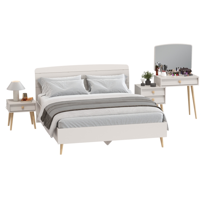 Афина Спальня Кровать 1600 + Трюмо + Тумба, цвет кашемир серый, ШхГхВ 164,6х210,2х95,6 + 105х38,6х129 + 45х37х45 см., 1600х2000 мм., б/м, осн. есть