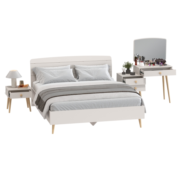 Афина Спальня Кровать 1600 + Трюмо + Тумба, цвет кашемир серый, ШхГхВ 164,6х210,2х95,6 + 105х38,6х129 + 45х37х45 см., 1600х2000 мм., б/м, осн. есть